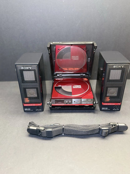 Sony Discman RED D-50 With Carry Case + Speakers. Serviced. Super Rare. VGC
