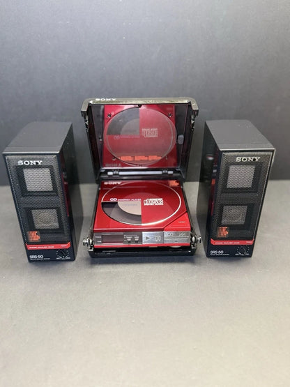 Sony Discman RED D-50 With Carry Case + Speakers. Serviced. Super Rare. VGC